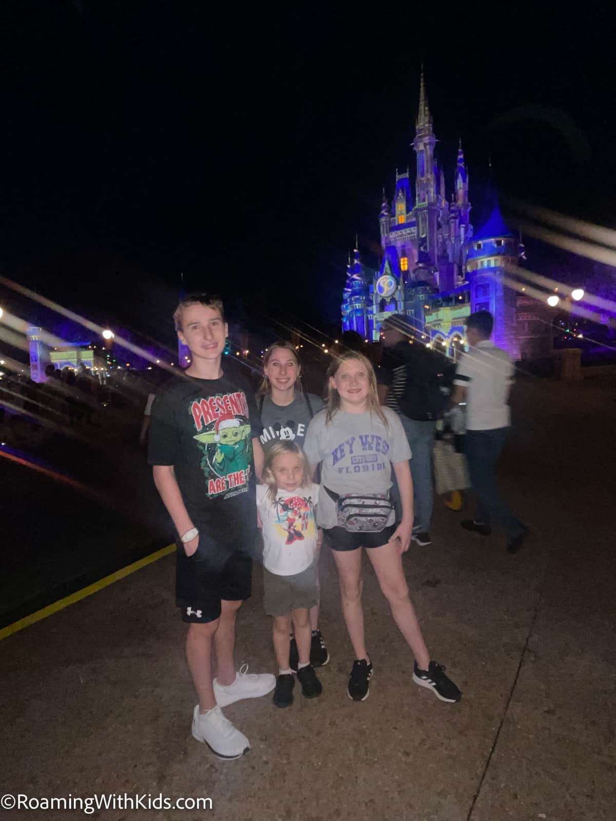 kids at disney world magic kingdom in front of the castle at night